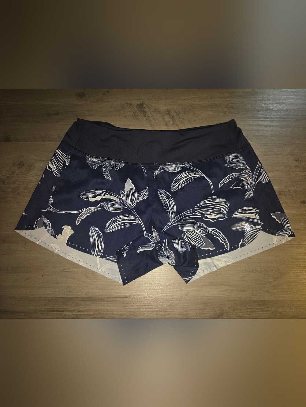 Athleta Navy Crop Shorts with White Botanical Print